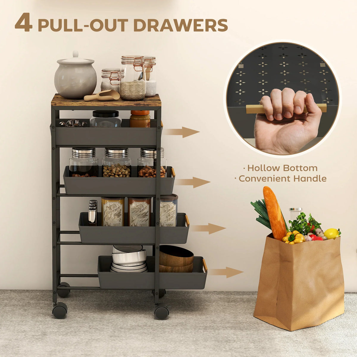 Black storage trolley with wood-effect top, pull-out drawers, and open side shelves on wheels.
