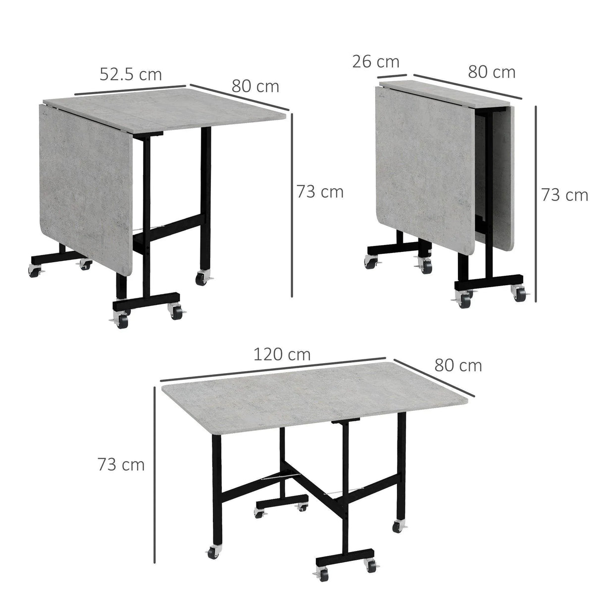 Grey folding drop-leaf dining table with black frame and caster wheels