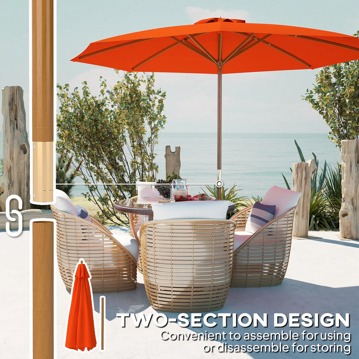 Orange patio parasol with two-section design for convenient lifting and storage