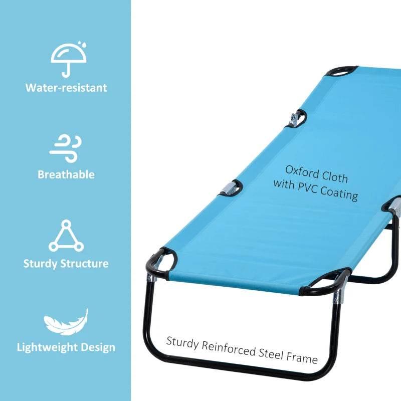 Light blue sun lounger fabric with reinforced black steel frame and arched support