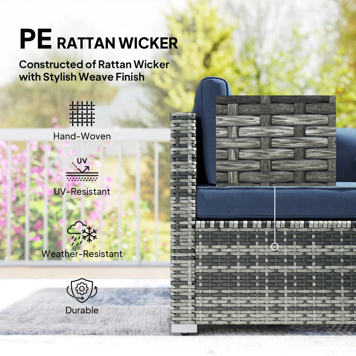 Corner sofa armrest and back panel with woven grey PE rattan and blue cushion
