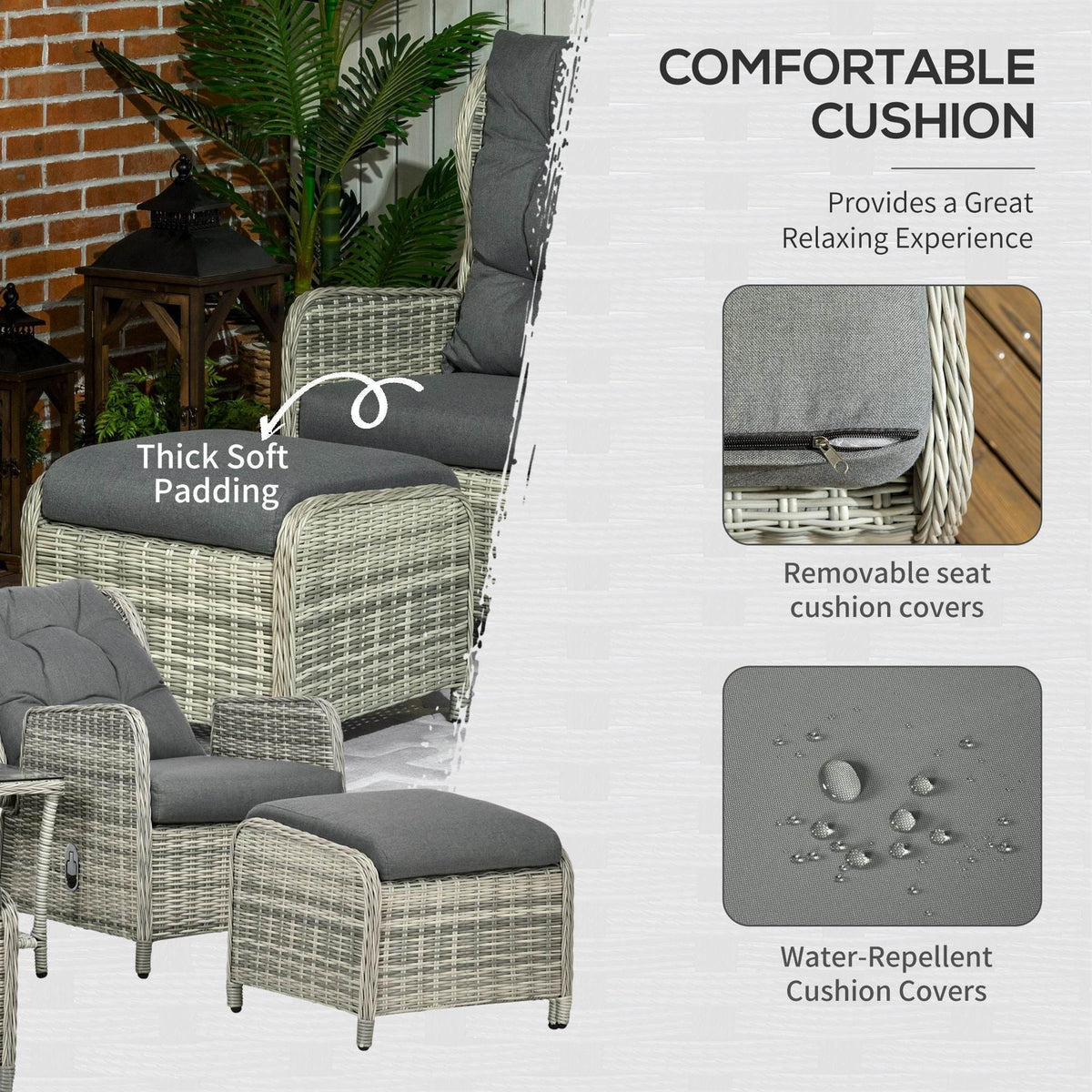 Outdoor wicker recliner chair with thick dark grey seat and back cushions