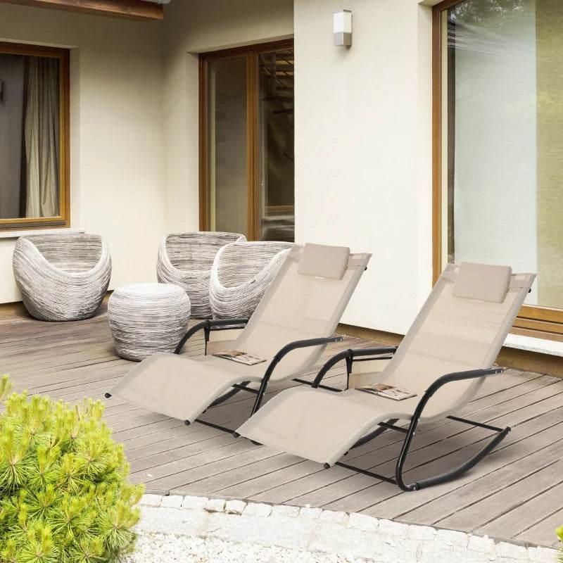 Cream mesh rocking patio sun lounger with removable headrest and side storage bag