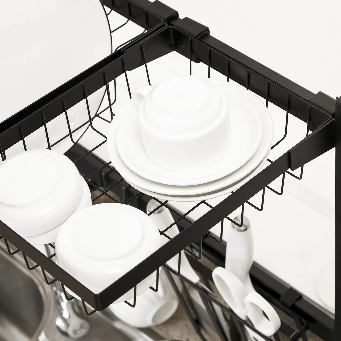 HOMCOM Adjustable Over-the-Sink Dish Drying Rack with 2 Tiers and Organizers, Black - ALL4U RETAILER LTD