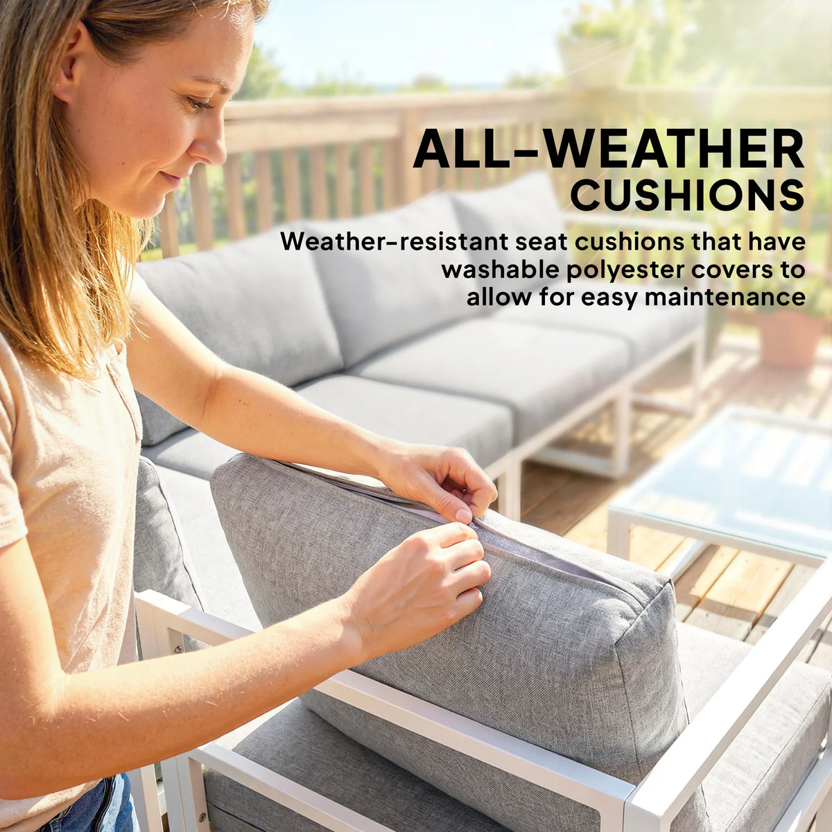 Light grey seat cushion on an aluminum outdoor sofa with washable cover detail