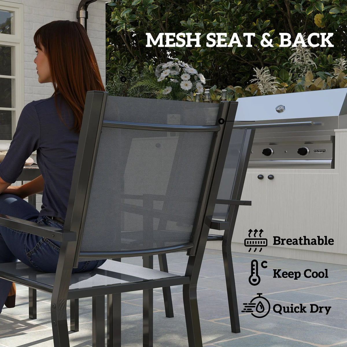 Mesh seat and back patio chair with breathable quick-dry design, dark gray frame