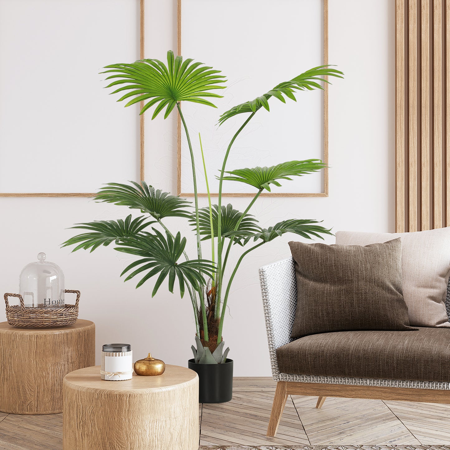 HOMCOM 145cm Artificial Palm Tree With Lifelike PEVA Leaves And Coconut Coir In Plastic Pot For Home Office Decor Green