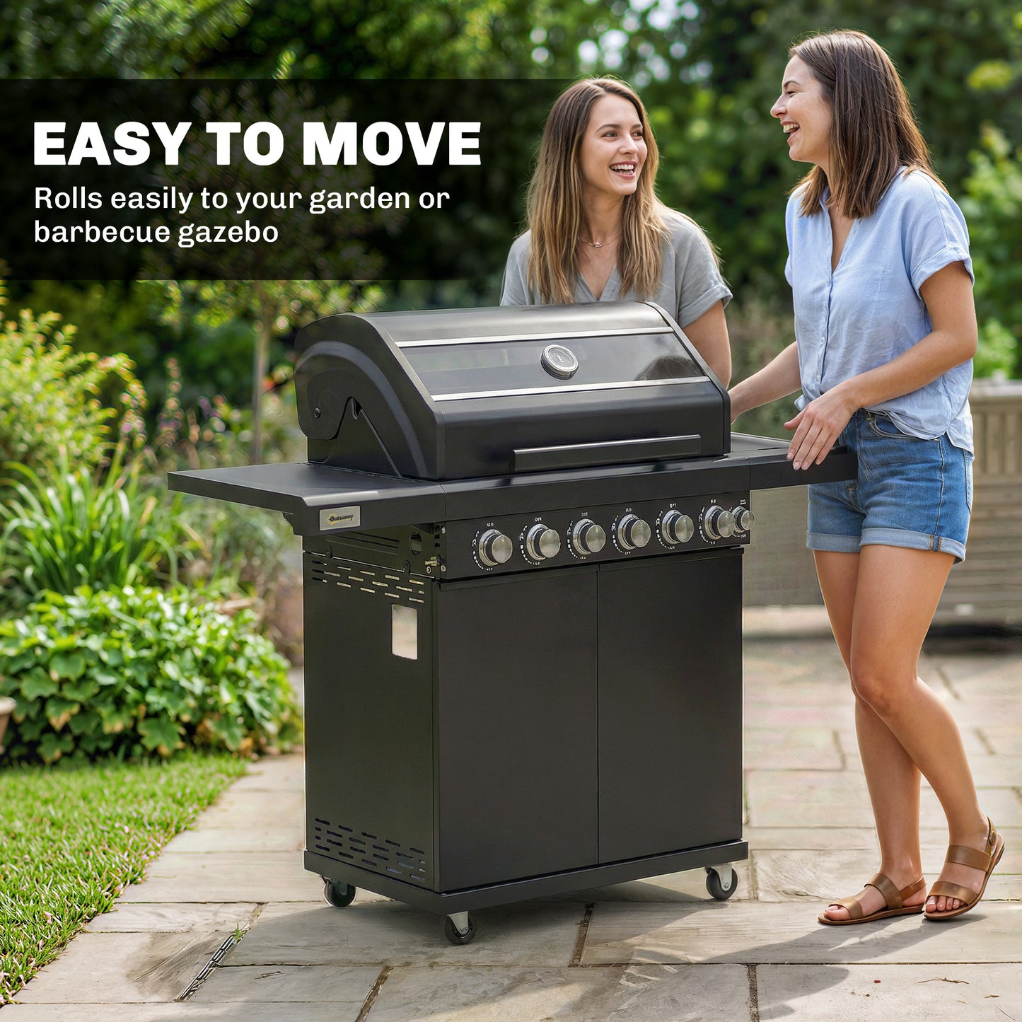 Outsunny Six Plus One Burner Gas BBQ Grill On Trolley With Wheels Warming Rack Thermometer And Bottle Opener Black