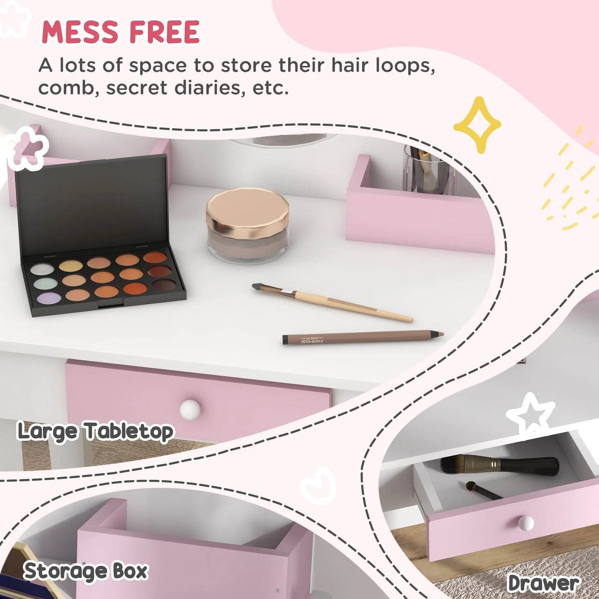 Kids vanity desk with wide tabletop, storage drawer, and open compartment for accessories