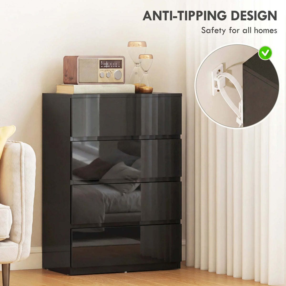 Black 4-drawer dresser with anti-tipping safety design and wide base