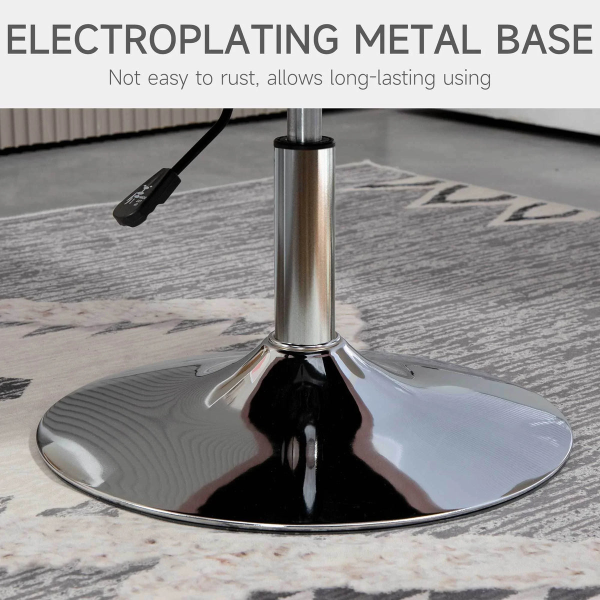 Electroplated chrome pedestal base for grey swivel armchair