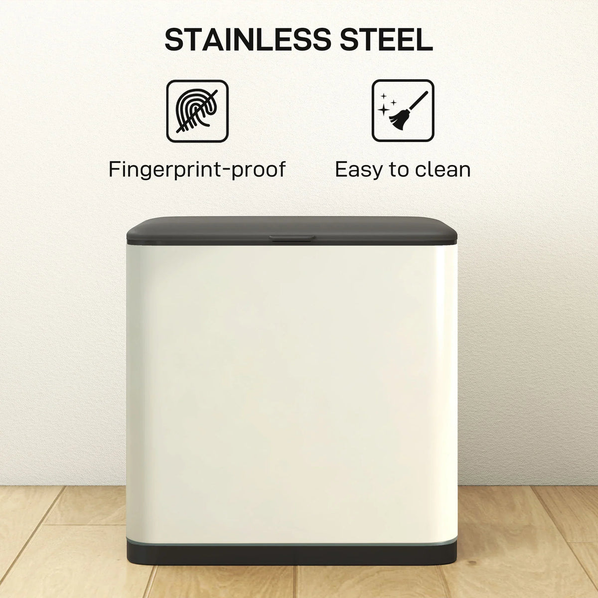 Stainless steel trash bin with fingerprint-proof design, white body and black lid