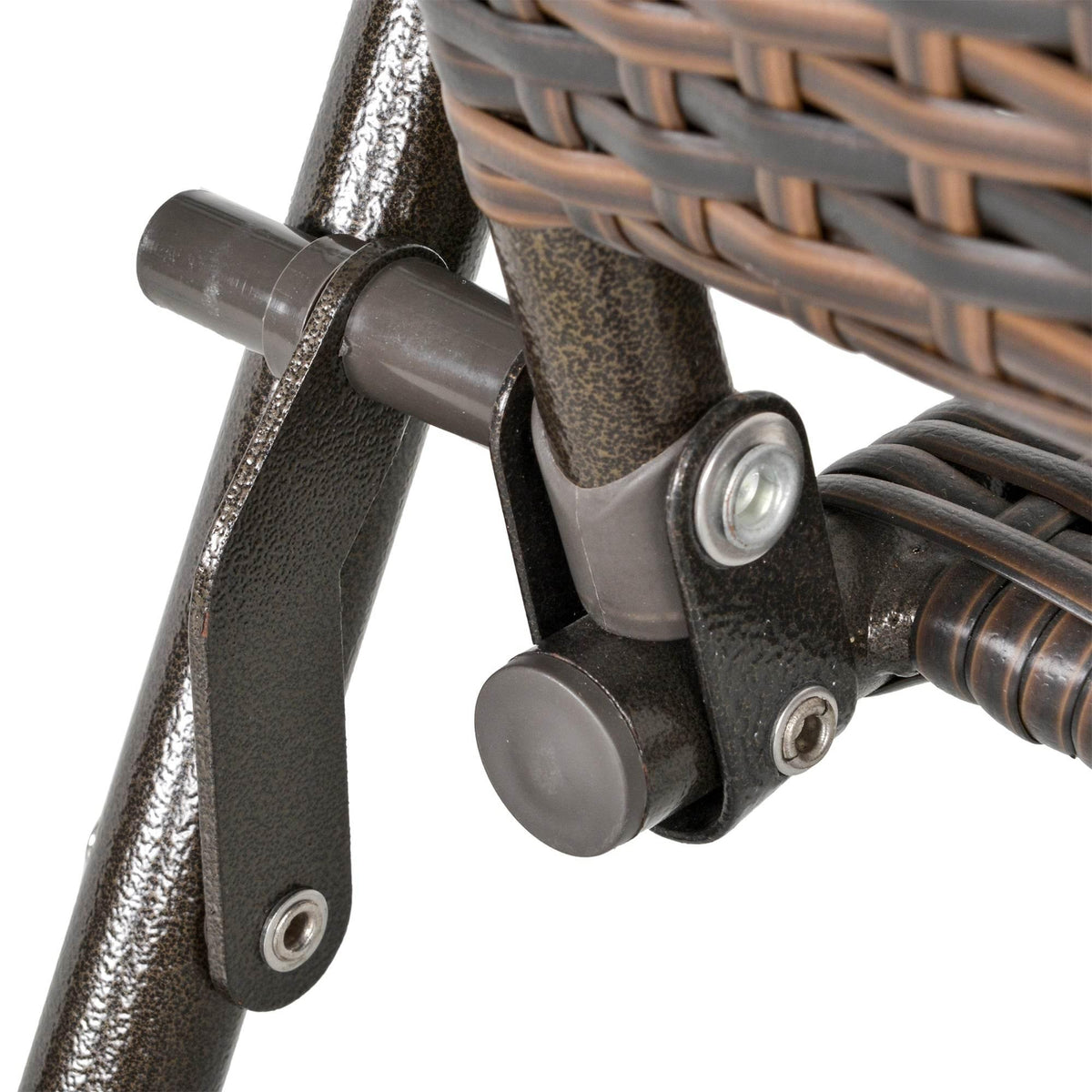 Foldable rattan chair hardware joint and woven armrest detail on dark frame