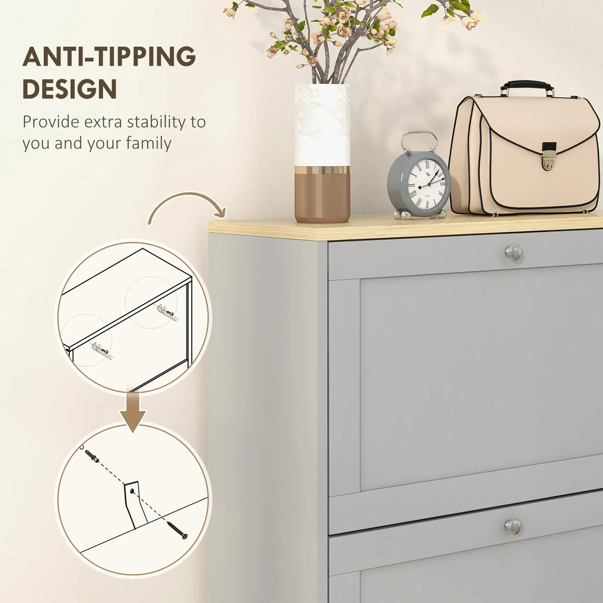 Grey shoe storage cabinet with anti-tip mounting bracket for added stability