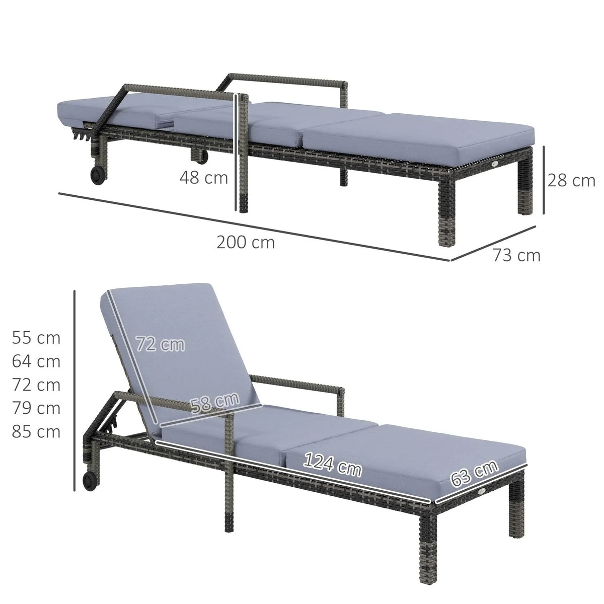 Adjustable rattan sun loungers with dark gray frames, wheels, and gray cushions, size diagram