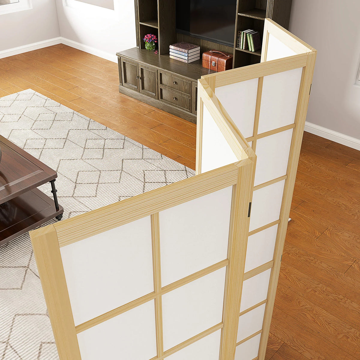 Corner view of a folding room divider showing light wood frame and white grid panel