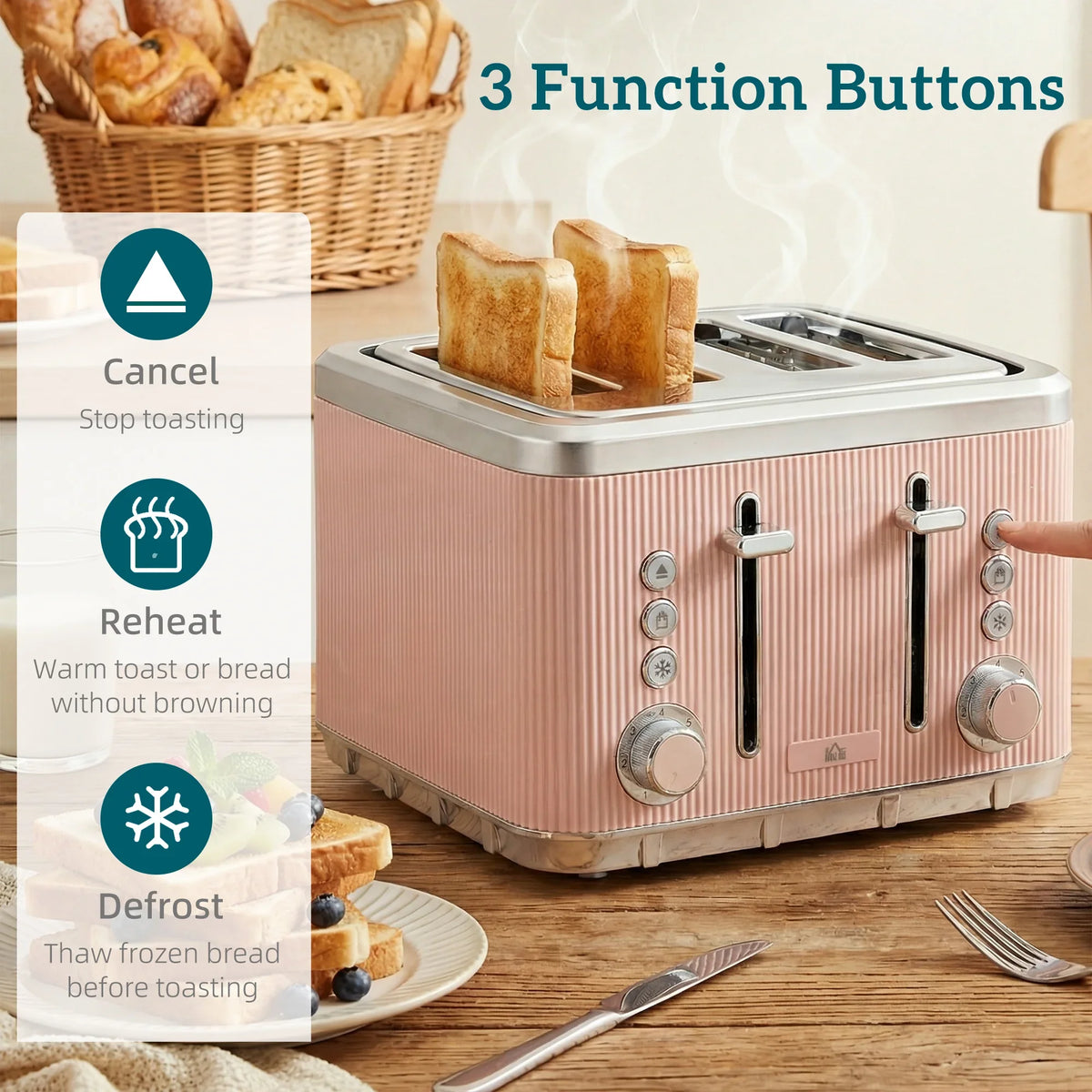 Pink four-slice toaster with 3 function buttons and bread in the slots