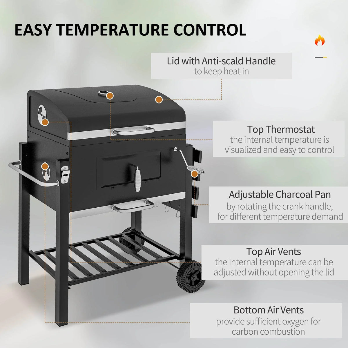 Black grill body with adjustable charcoal pan, top thermostat, and air vents.