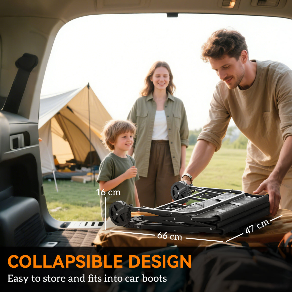 Grey collapsible folding wagon cart with side panels and wheels, folded for car storage