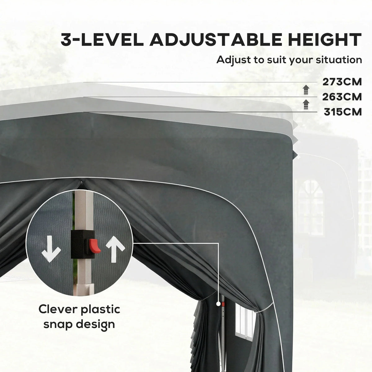 Dark grey gazebo canopy with 3-level adjustable height and snap plastic latch