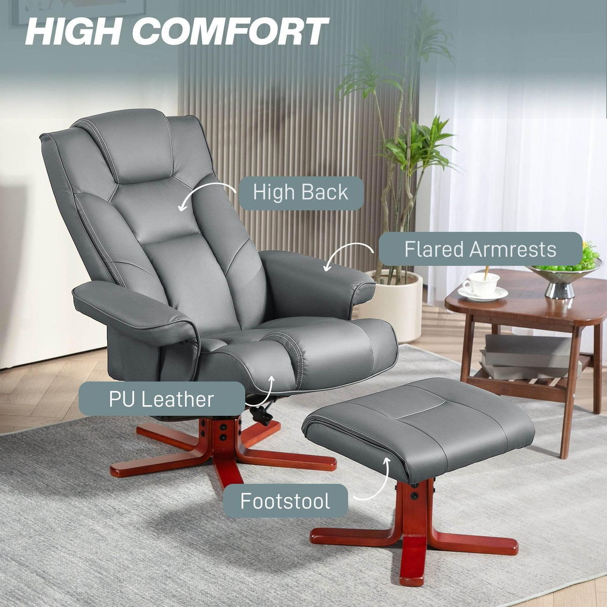 Gray PU leather reclining chair with footstool and red-brown bent wood base