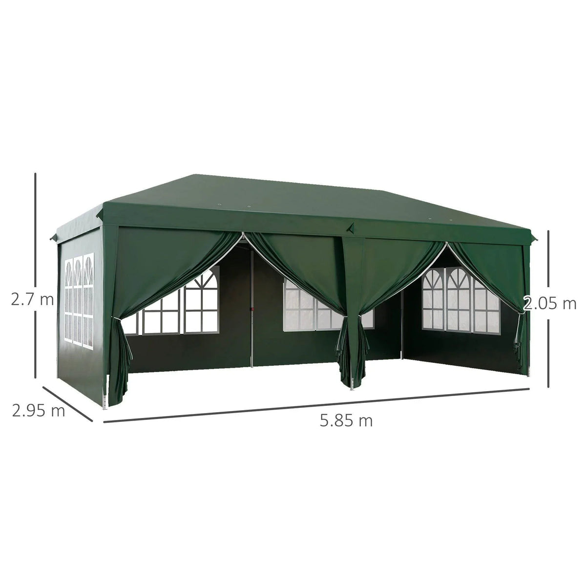 Green pop-up gazebo tent with sidewalls and window panels, peaked canopy