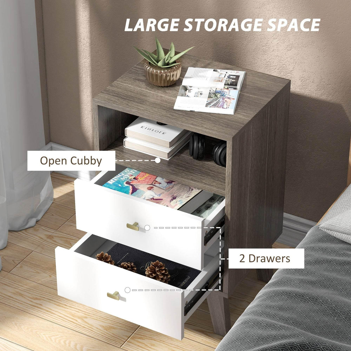 Nightstand with open top cubby and two drawers, showing storage space inside.