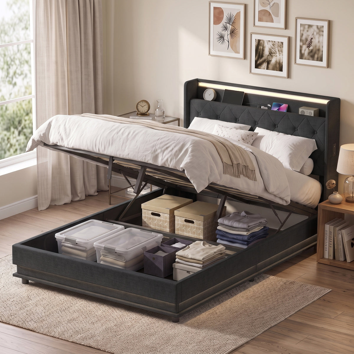 Homcom Double Bed Frame With Hydraulic Storage Led Lights Usb Charging Black