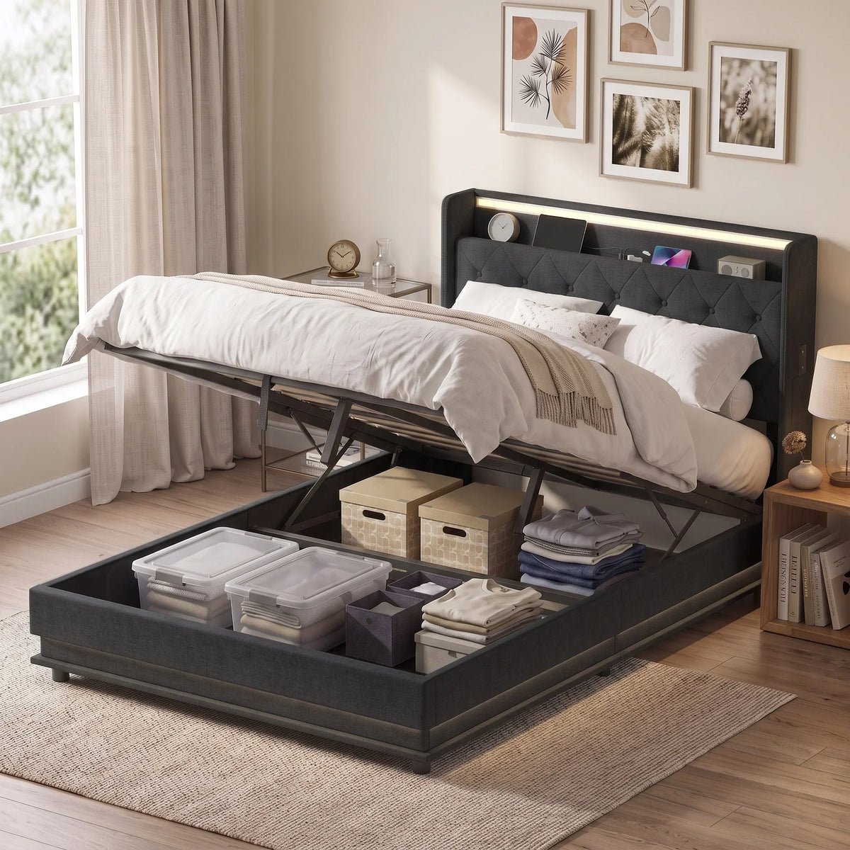Double bed frame with hydraulic lift storage tray open, black frame and tufted headboard