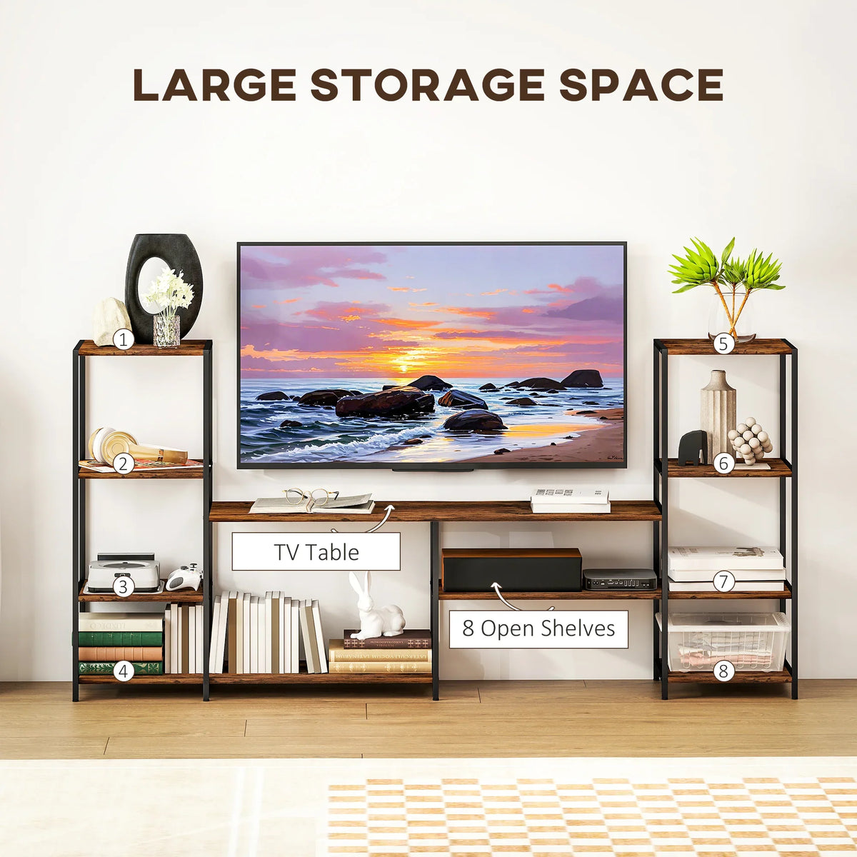 Industrial TV stand featuring 8 open shelves and a wide tabletop for media devices