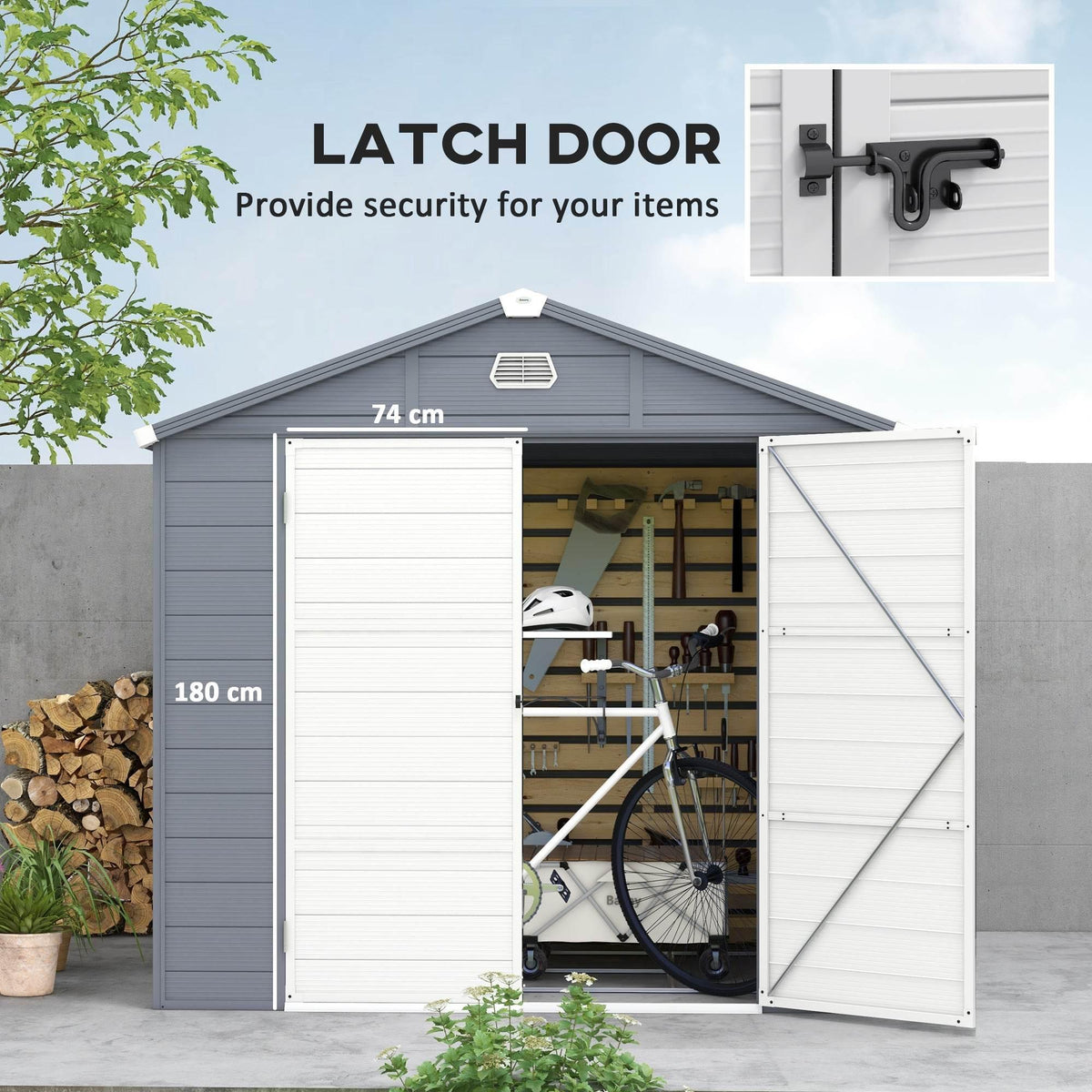Grey outdoor storage shed with open double latch doors and ventilation grille