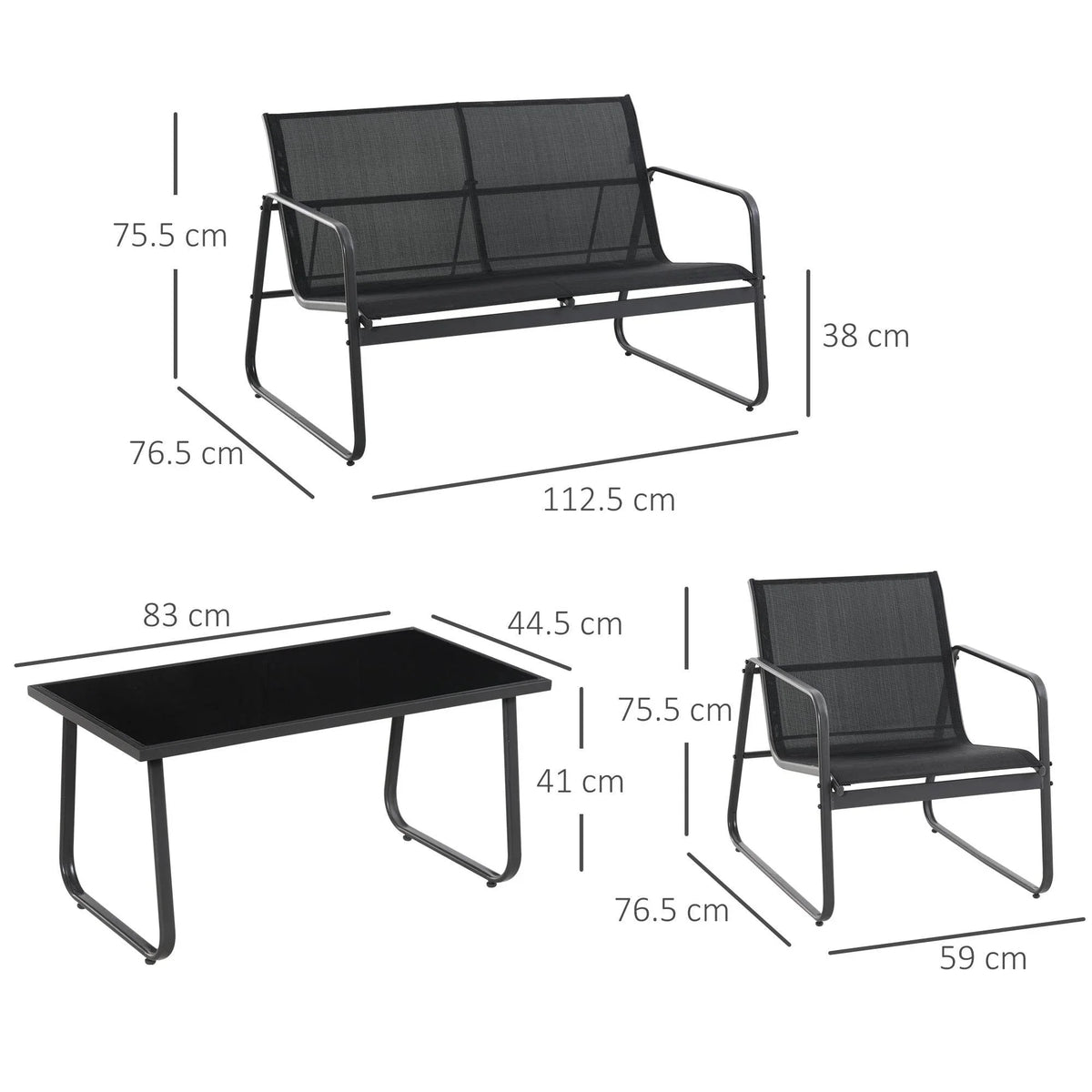 Dimension diagram of dark outdoor chairs and glass-top coffee table in a patio set