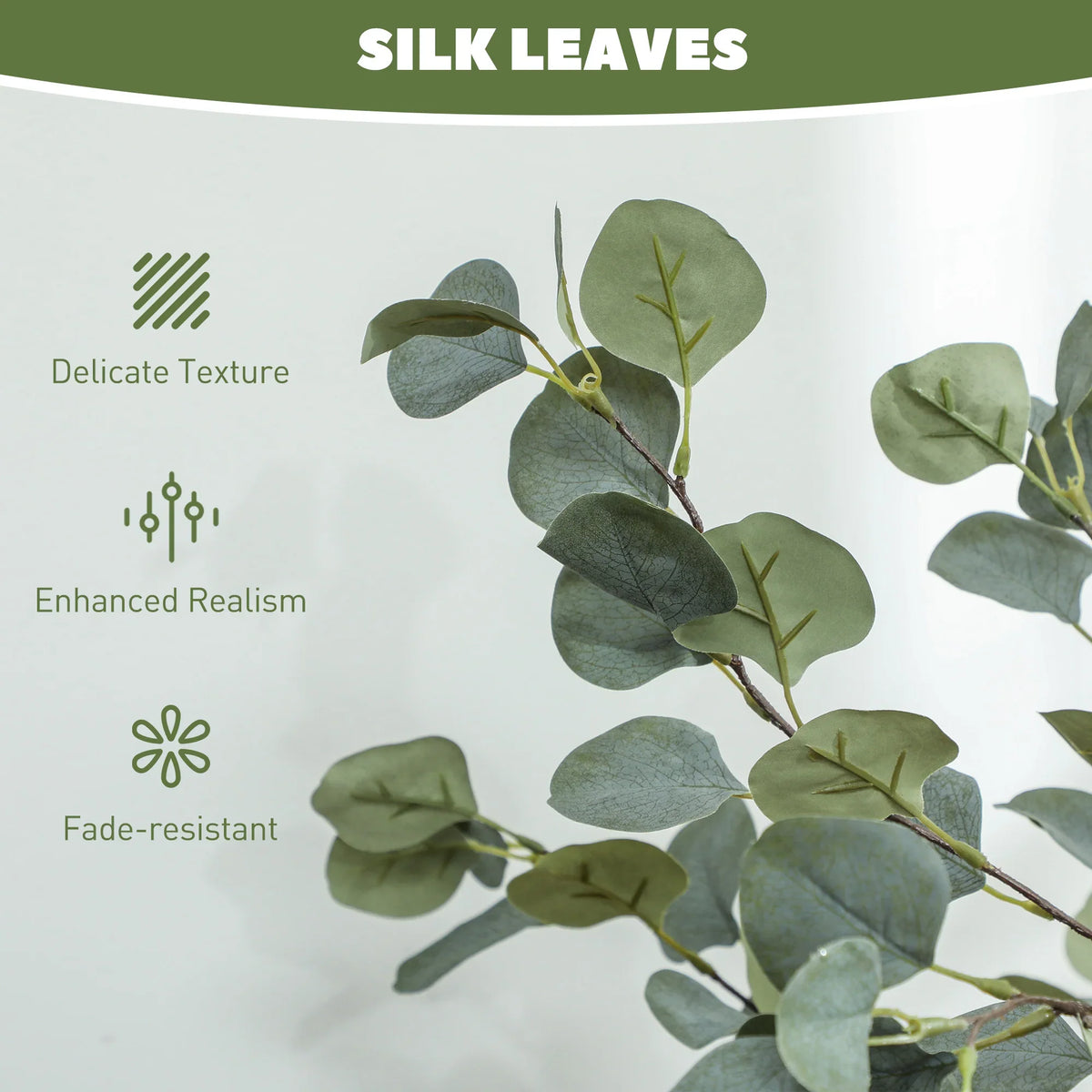 Faux eucalyptus leaves with matte gray-green texture on branching stems