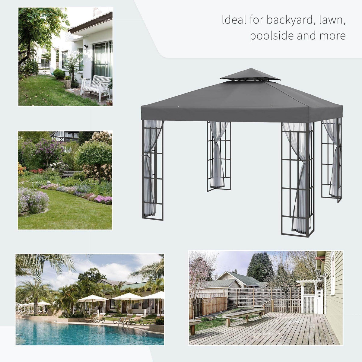 Grey patio gazebo canopy shelter with hanging mosquito netting curtains