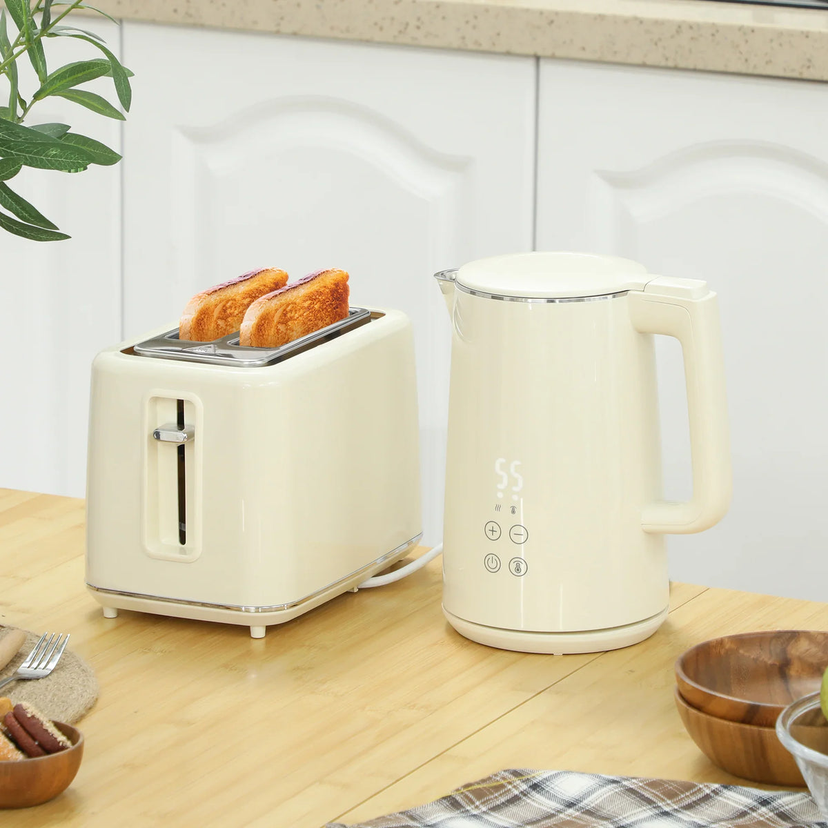 Cream electric kettle and 2-slice toaster set with beige handles and toasting slots