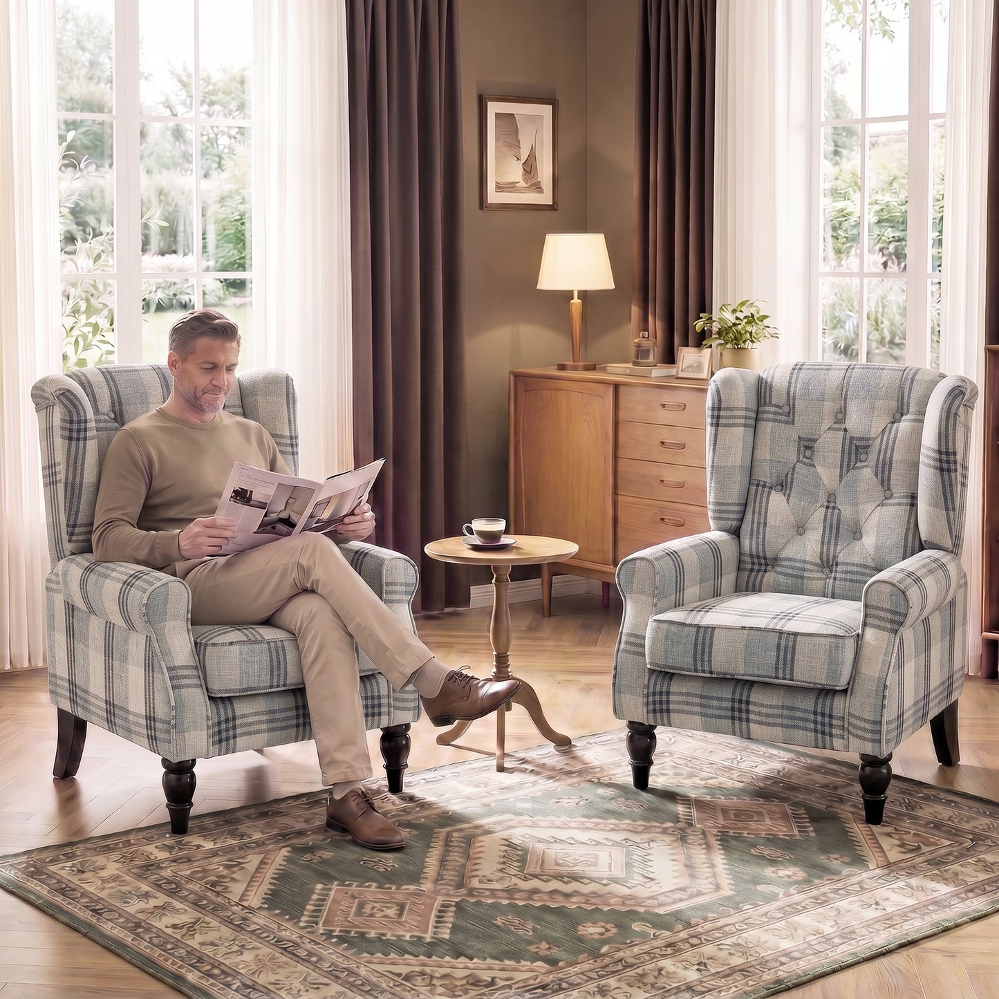 Homcom Plaid Wingback Accent Chair With Tufted High Back And Wood Legs