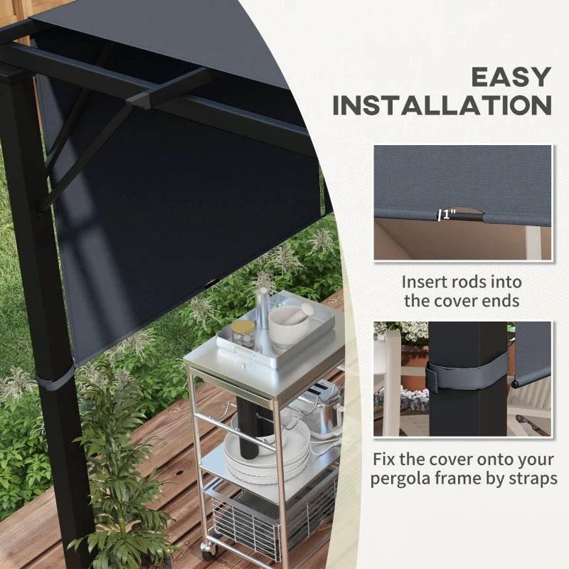 Dark grey pergola canopy cover with straps and rod-insertion end openings for mounting
