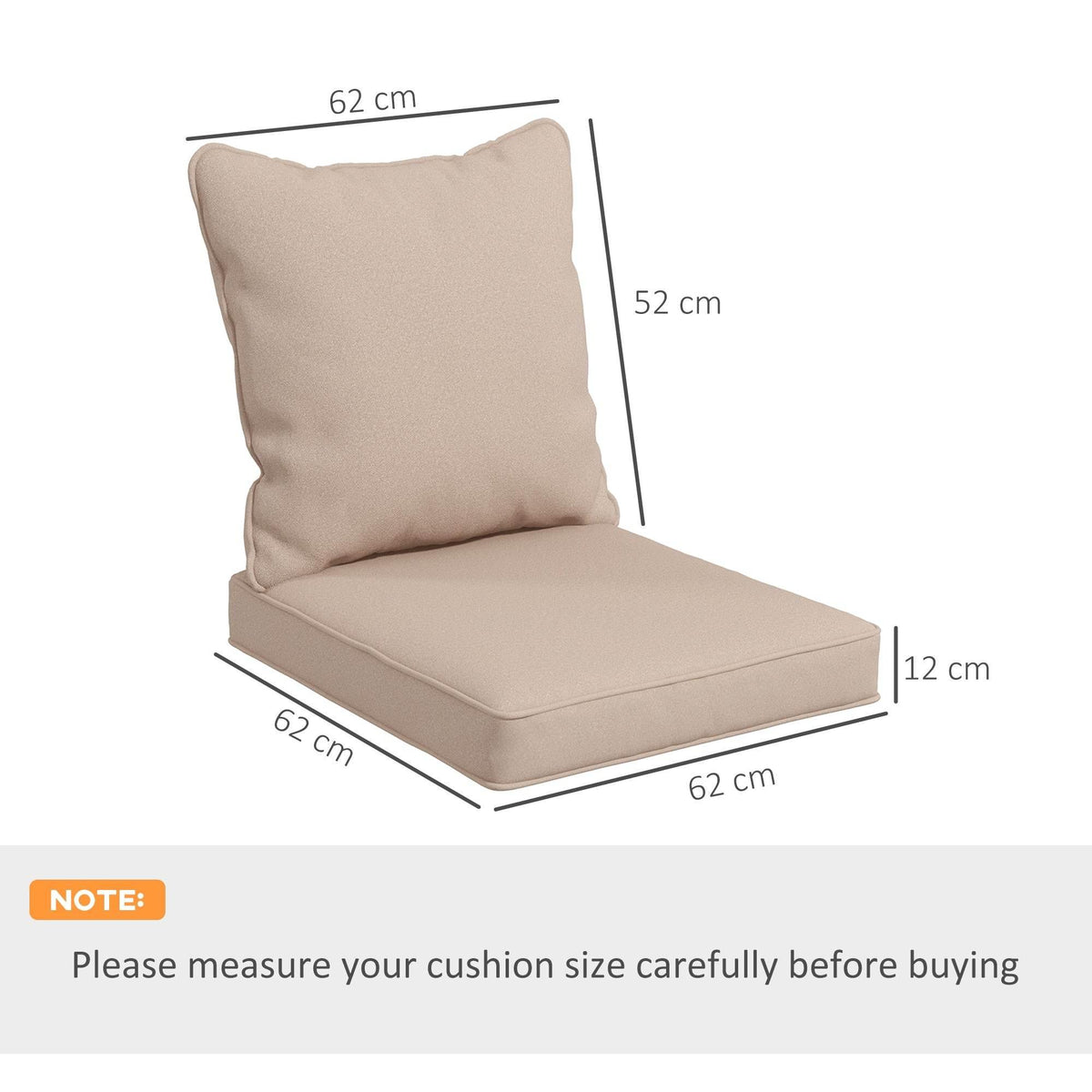 Beige chair cushion set with measured seat and backrest dimensions