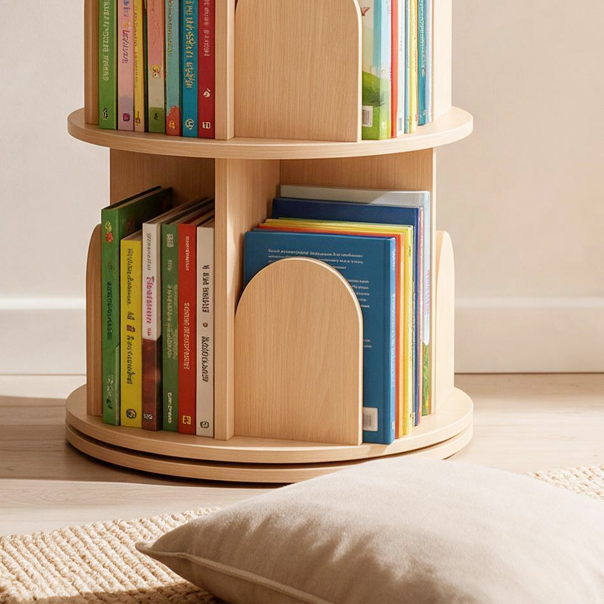 3-tier rotating kids bookshelf with open front sections and rounded arch book compartments