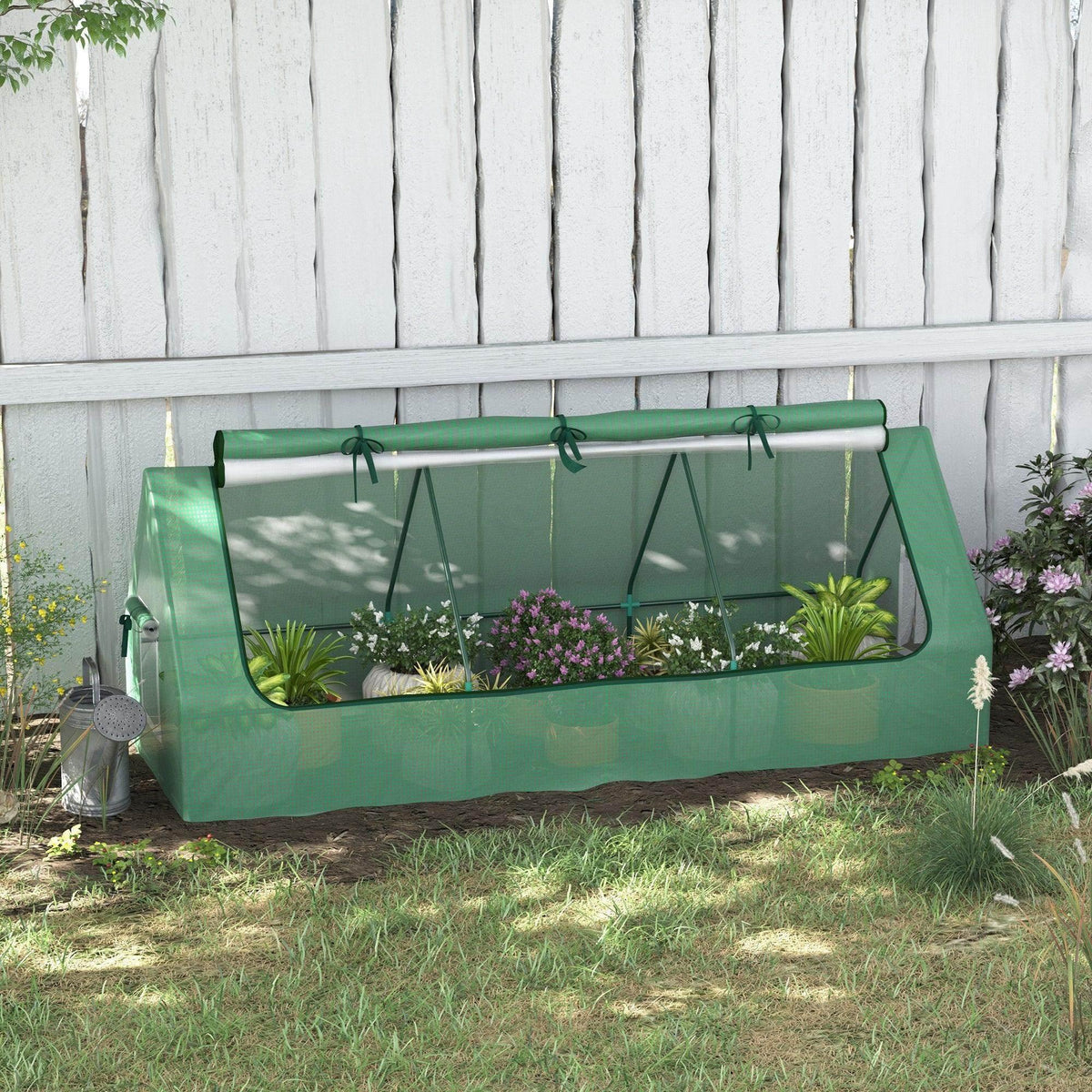 Portable small green polytunnel with mesh windows and zippered front opening