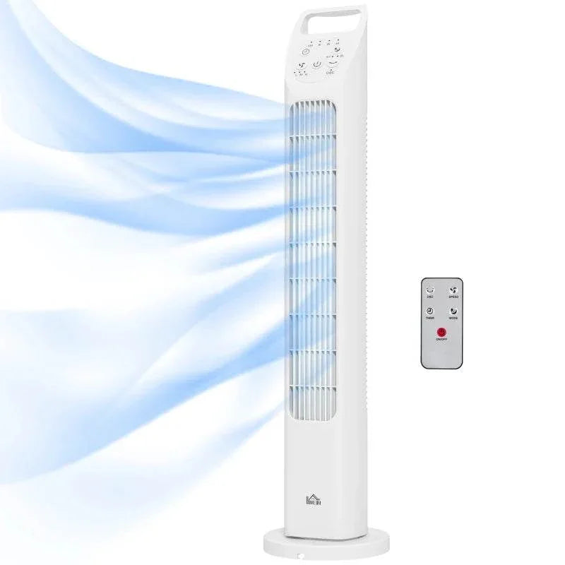 White oscillating tower fan with remote control and side button controls