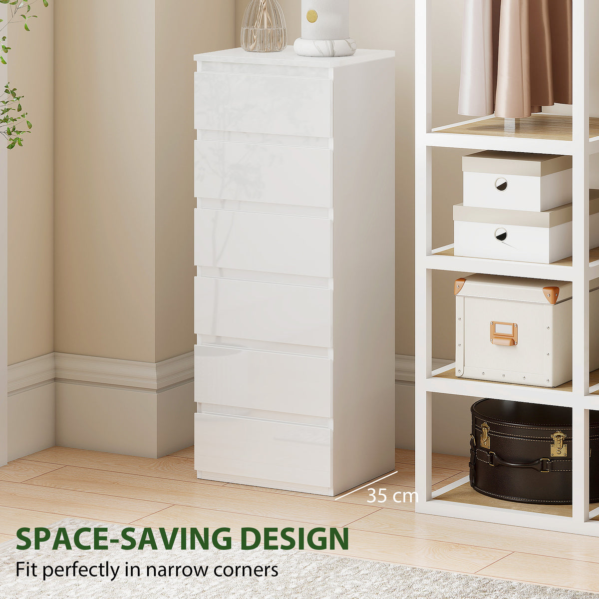 High-gloss white 6-drawer slim chest of drawers, front view with open space bottom