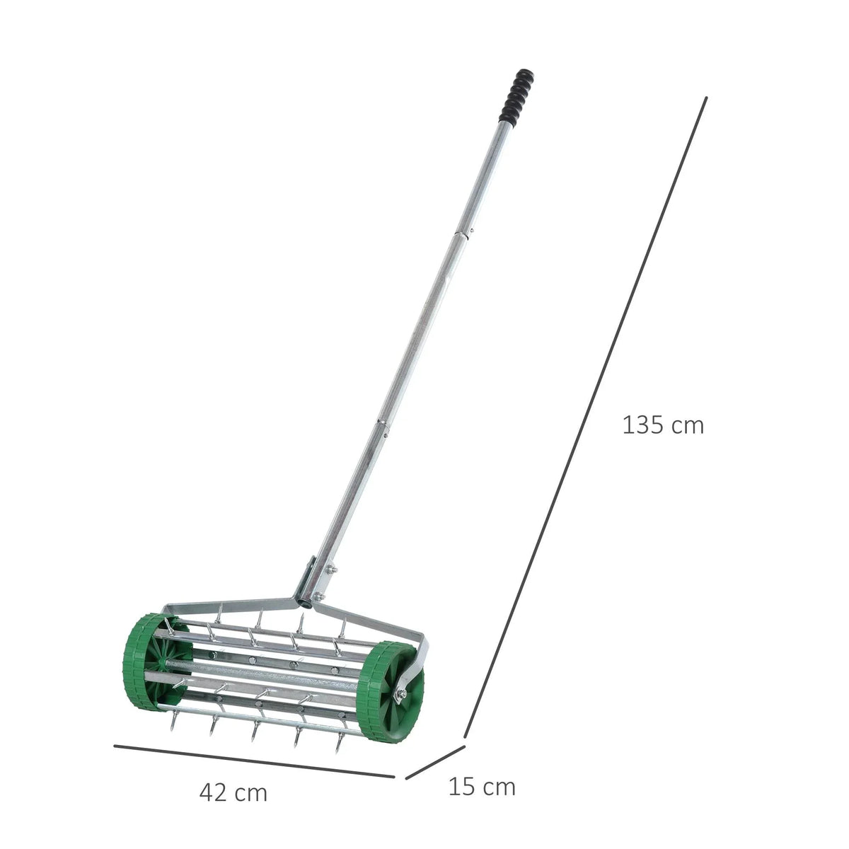 Rolling lawn aerator with green spike drum, silver frame, and long adjustable handle