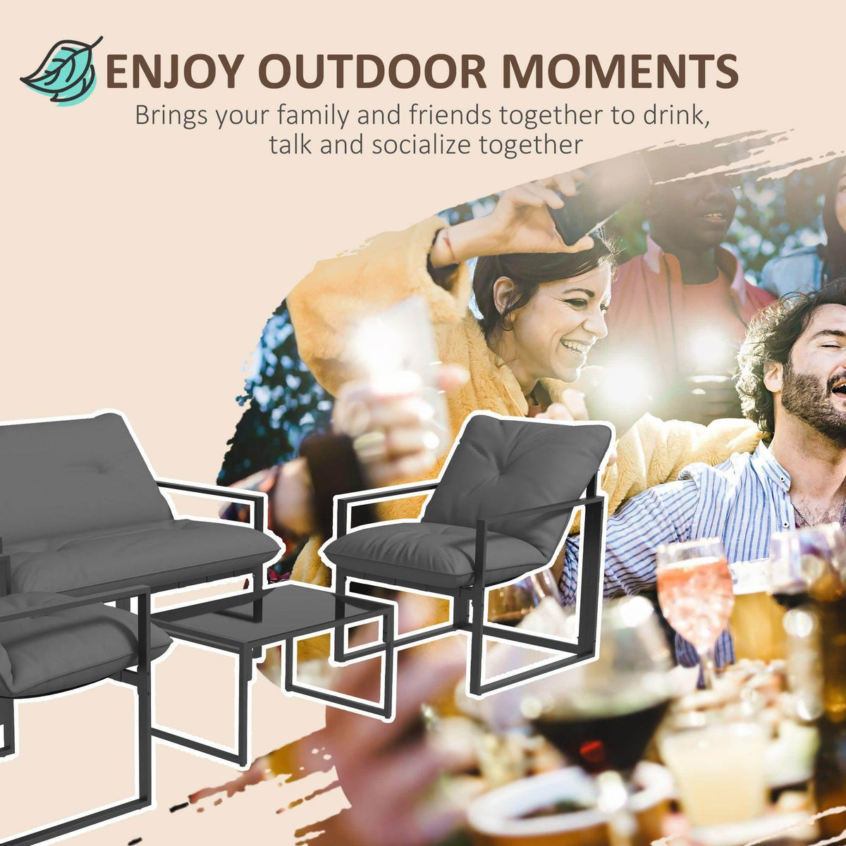 Outdoor patio sofa set with two single armchairs and loveseat cushions
