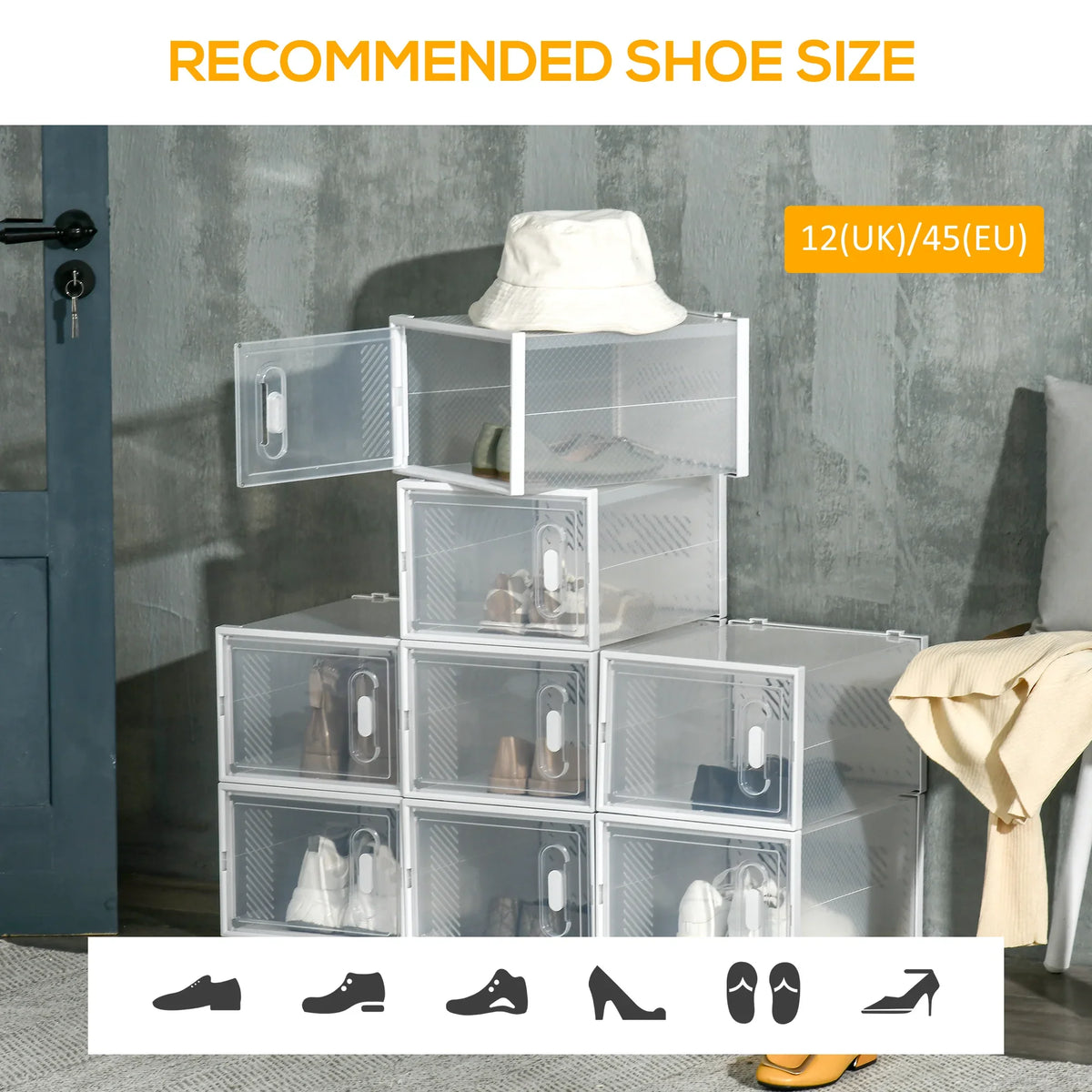 Clear stackable shoe storage set sized for UK/EU 12 to 46, multiple compartments