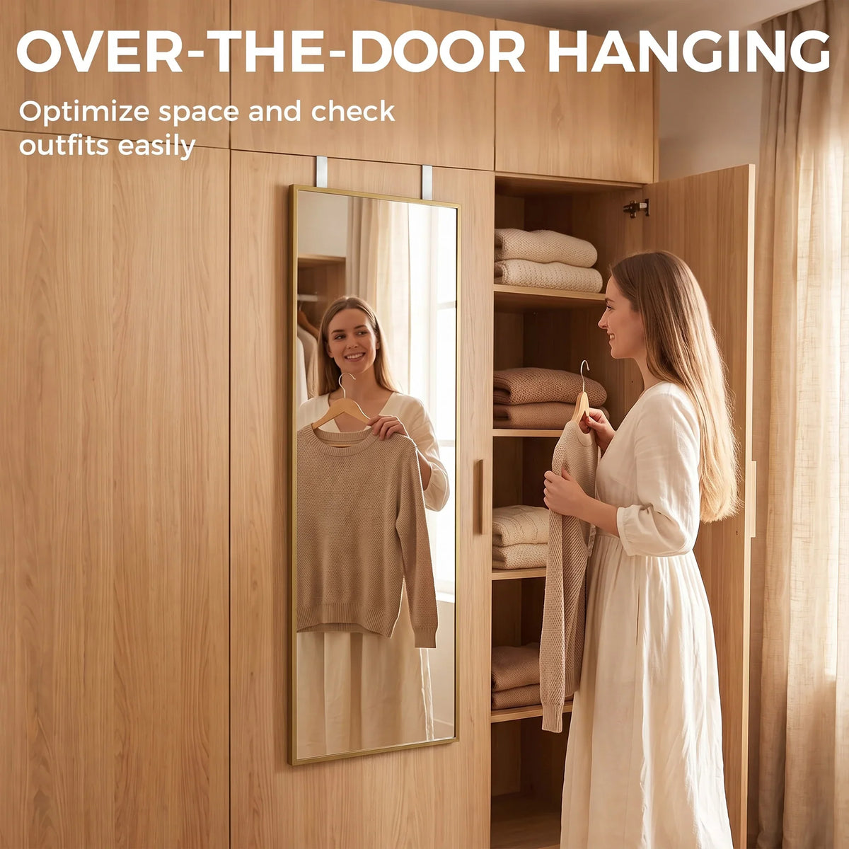 Over-the-door hanging full length mirror with gold-tone frame