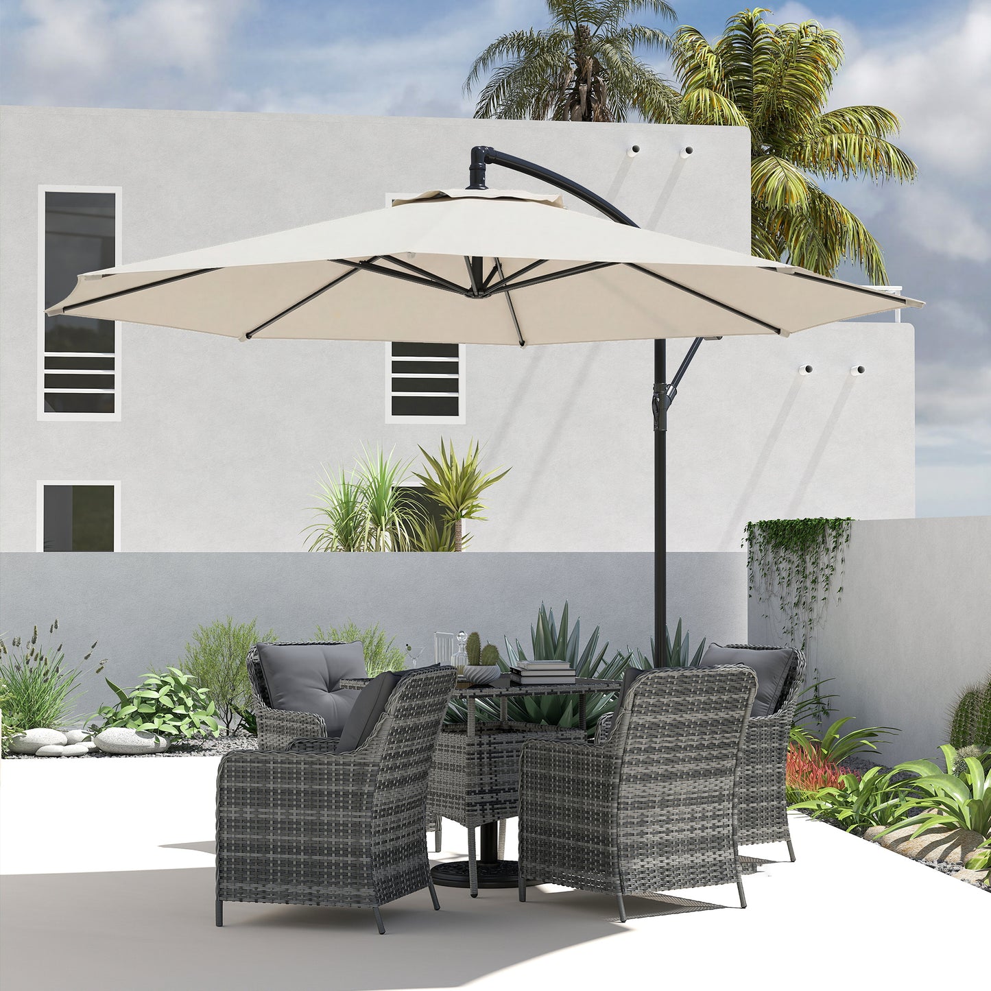 Outsunny 3 m Overhanging Cantilever Parasol With Cross Base Cream White UV Resistant Patio Umbrella