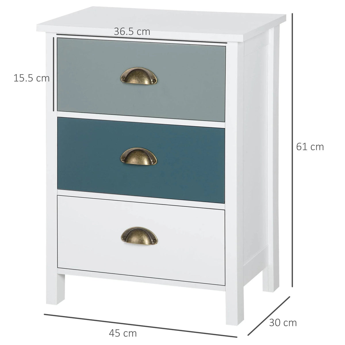 White bedside nightstand with 3 drawers, blue drawer fronts, and brass half-moon handles