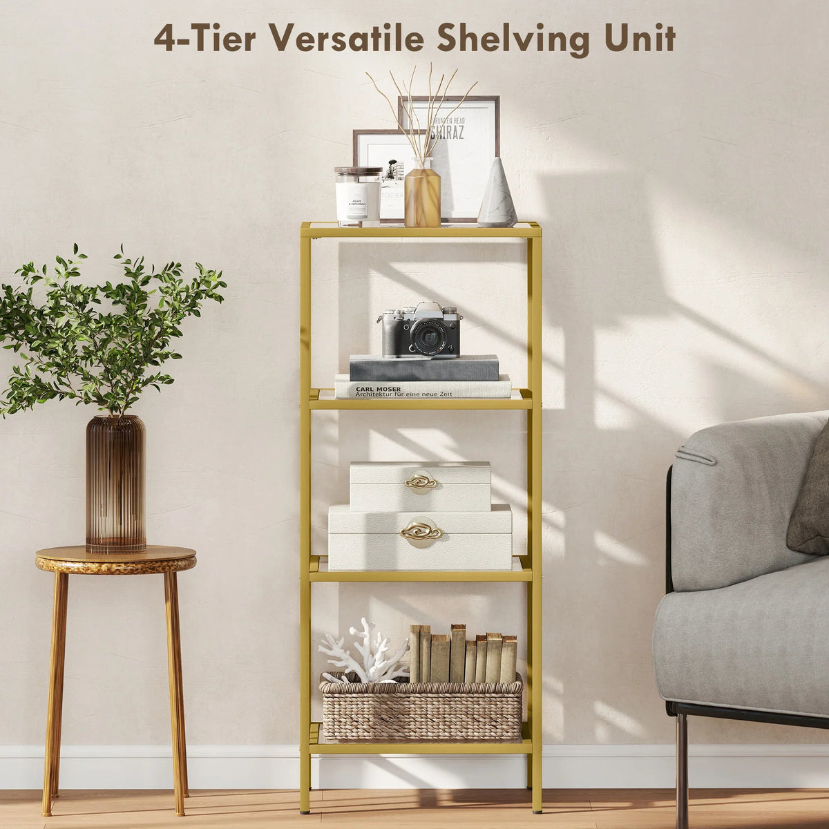 Gold-tone 4-tier glass shelving unit with glass shelves and open storage