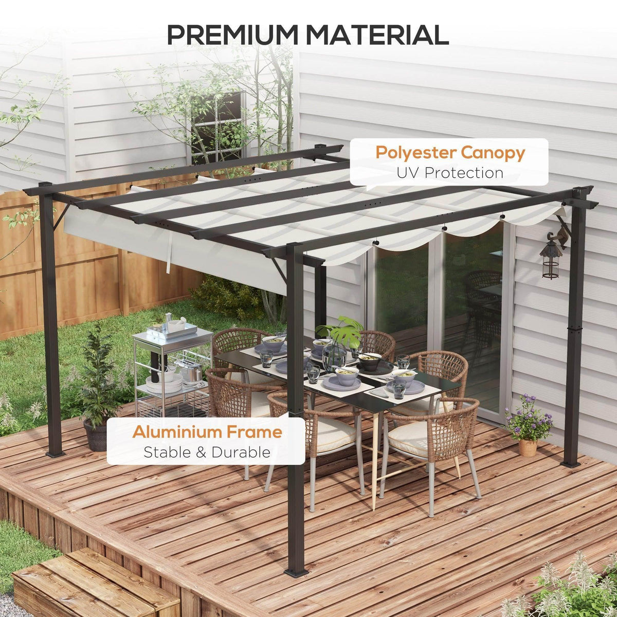 Aluminum pergola with light grey polyester canopy, dark frame, and UV-protective shade cover